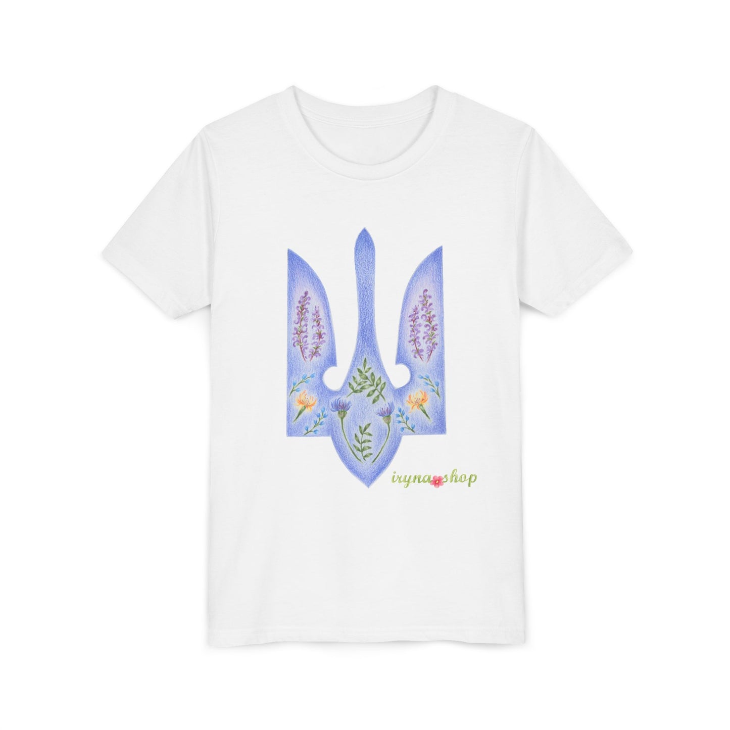 Kid's T-shirt with Ukrainian coat of arms, Kateryna Bilokur style - Tryzub, Trident, Тризуб