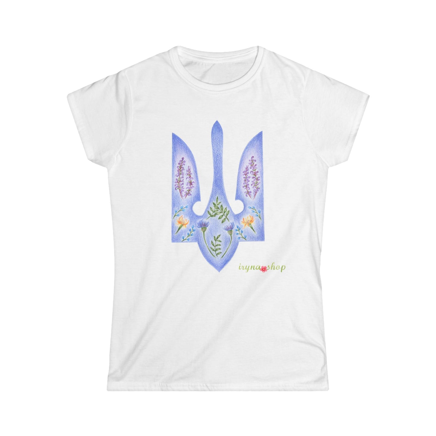 Woman's T-shirt with Ukrainian coat of arms, Kateryna Bilokur style - Tryzub, Trident, Тризуб