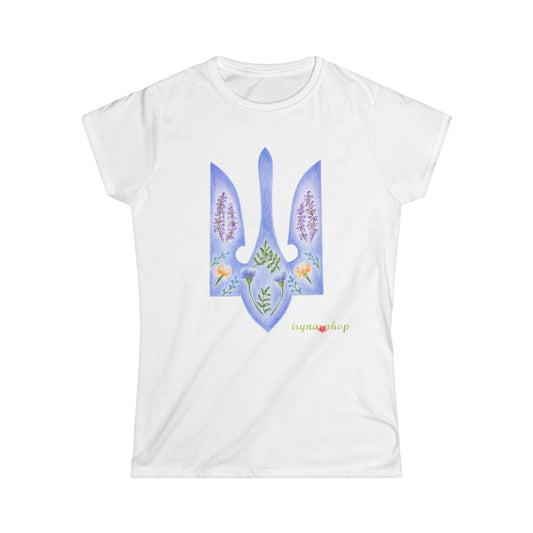 Woman's T-shirt with Ukrainian coat of arms, Kateryna Bilokur style - Tryzub, Trident, Тризуб