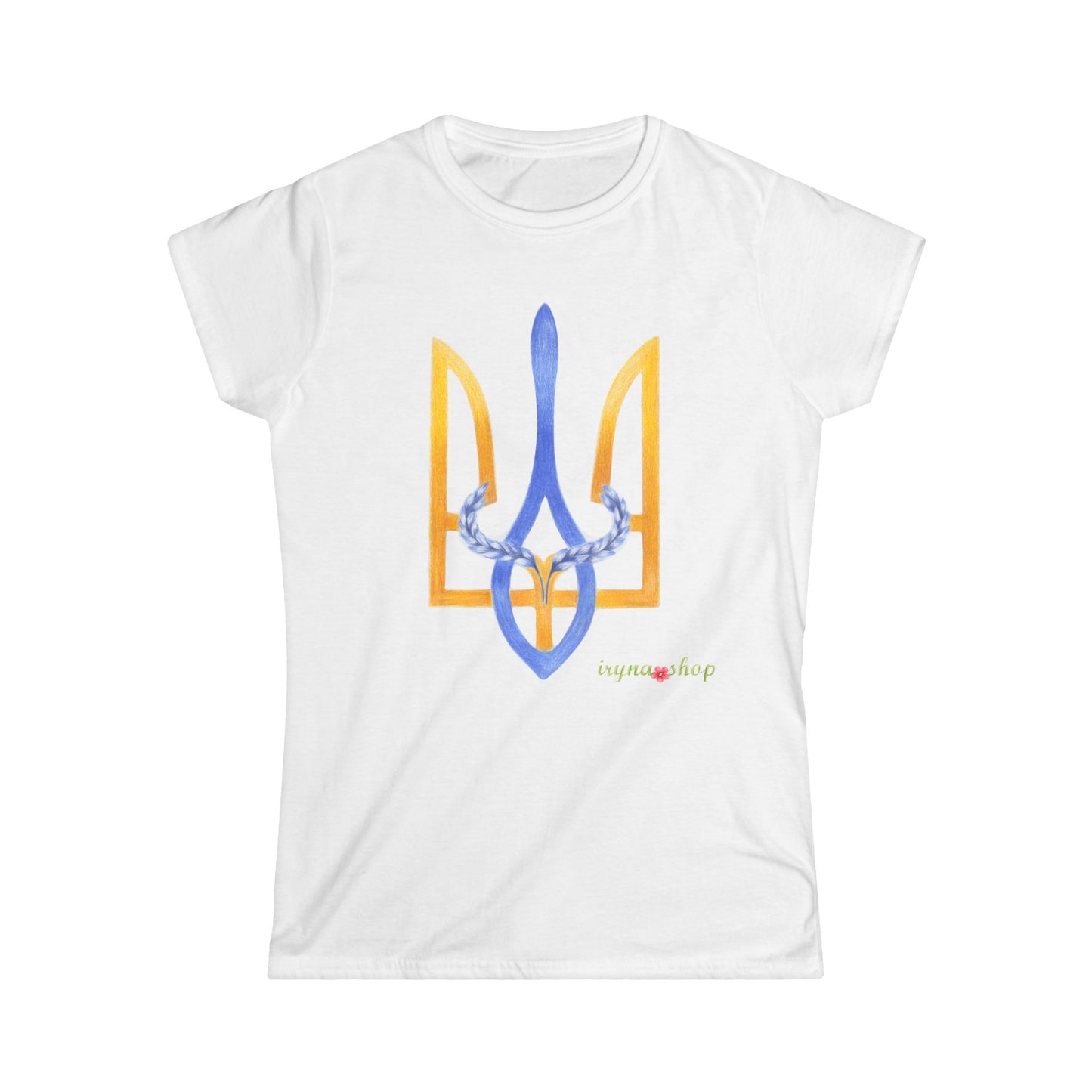 Woman's T-shirt with Ukrainian coat of arms, blue and yellow - Tryzub, Trident, Тризуб